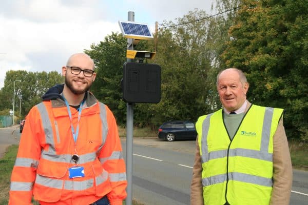 PICTURE 1 Jon Shaw, Suffolk County Council ANPR Officer, left, and Police and Crime Commissioner for Suffolk Tim Passmore with one of the ANPR Speed Indicator Devices.